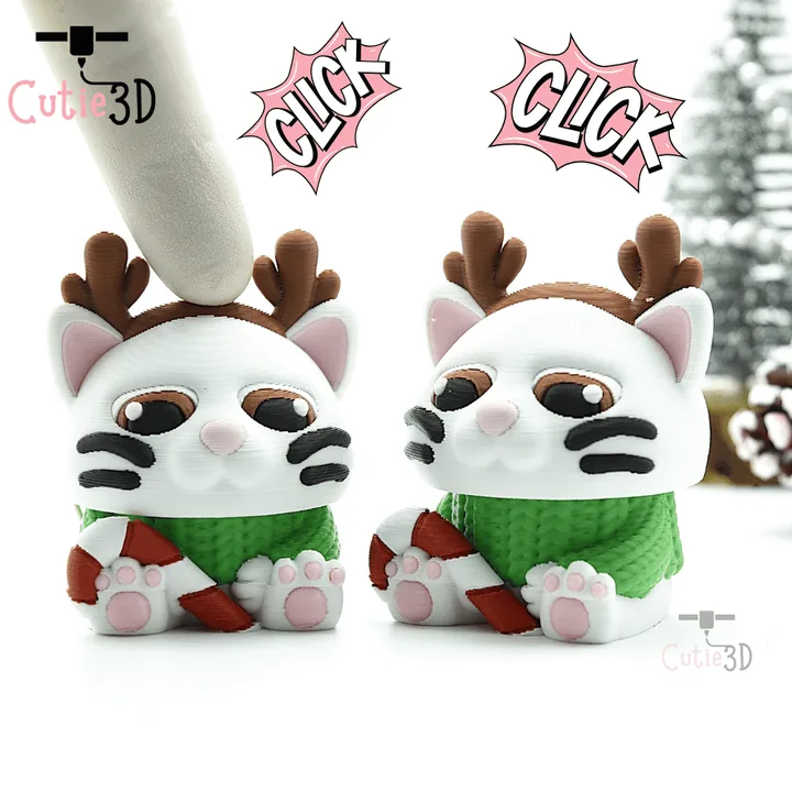 🎄 Cutie3D Christmas Reindeer Cat Keycap Fidget Clicker Keychain - Cute Backpack Keychain